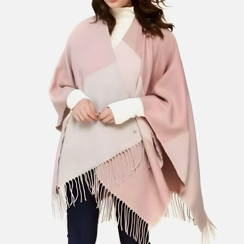 NWT SOIA & KYO Yadira Fringe Color Block Cape Shawl Open Poncho Pink Cream Tan